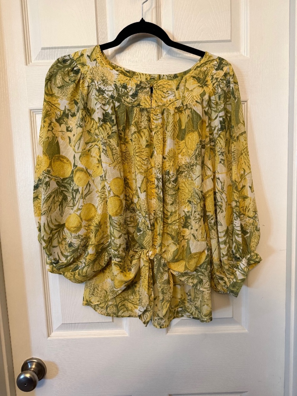 Women's yellow & green floral/fruit patterned blouse, Size L
